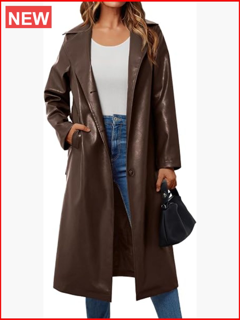 Long Faux Leather Trench Coat Blazer Peacoat With Belt